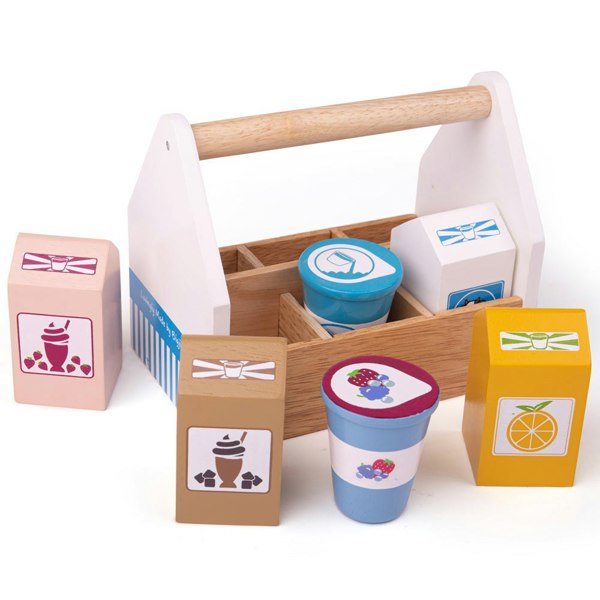 Bigjigs Toys Wooden Dairy Delivery Set - Includes Wooden Crate & 6 Dairy Pieces