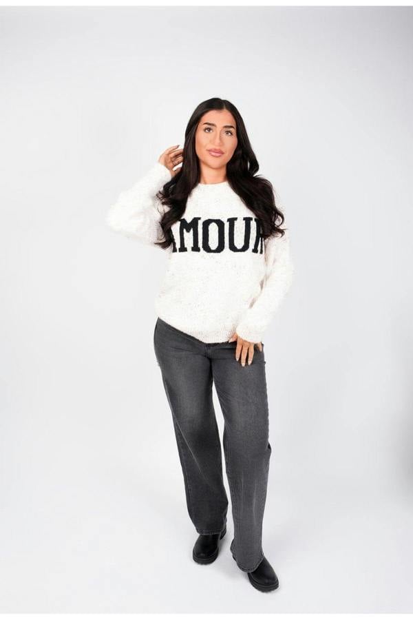 Zenya Fluffy Knit Oversized Jumper With Amour Slogan Detail - Orange