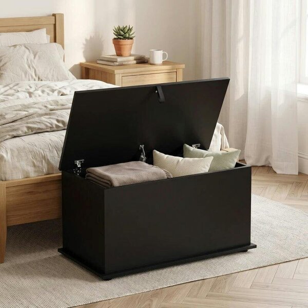 Storage Chest, 102L Blanket Box, Shoe Bench with Safety Hinged Lid, Bed End Bench for Bedroom, 80 x 40 x 45cm, Black - Black