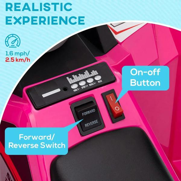 Pink quad bike control panel with forward/reverse switch and on-off button