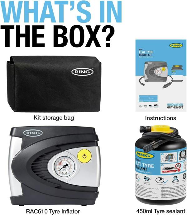 Ring Automotive Flat Tyre Repair Kit Tire Air Compressor & Sealant RTK6