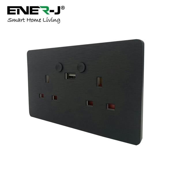ENER-J Remote Control Wall Socket – Smart WiFi Double 13A Outlet with USB & Type-C, Alexa Compatible, Black Brushed UK Twin Socket