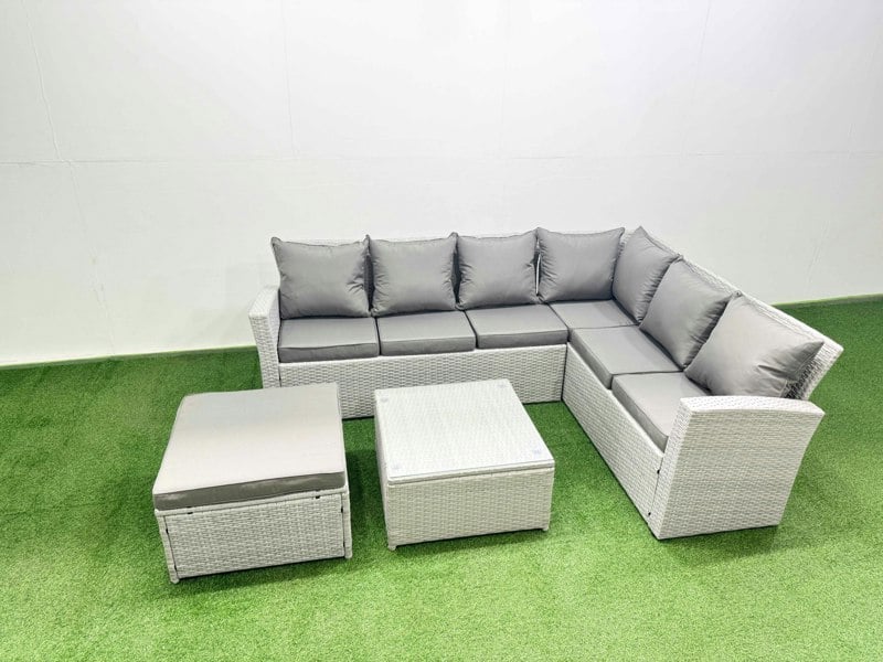 Fimous Garden Outdoor PE Rattan Furniture Set 7 Seater Rattan Garden Sofa Set with Square Coffee Table Light Grey Mixed