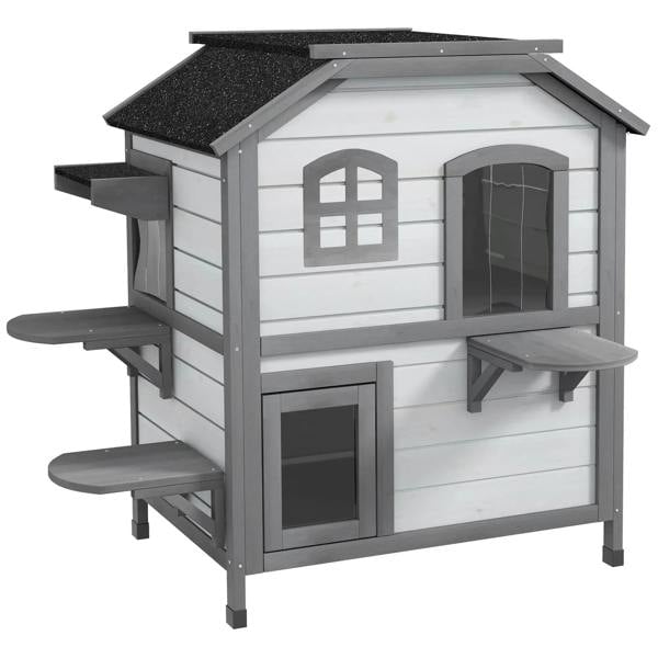Two-story white cat house with dark roof, escape door, and side platforms