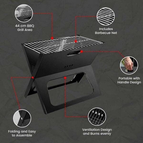 Dyzi Foldable Charcoal BBQ Grill 44x29cm Portable Camping Barbecue