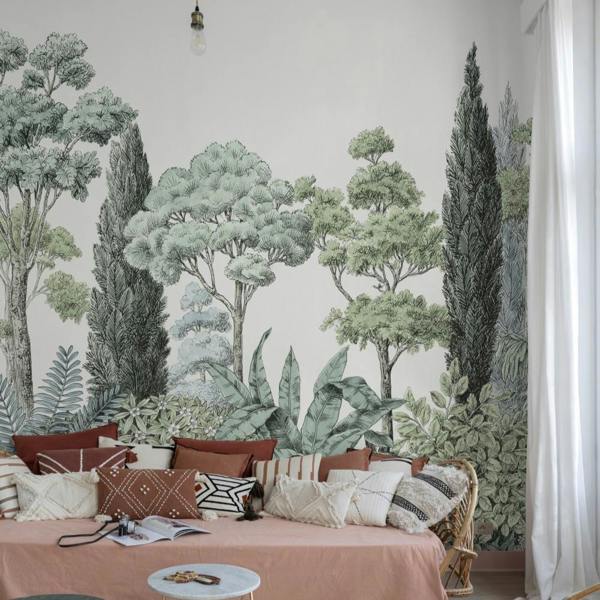 Grandeco Zarautz Botanical Trees 7 Lane Textured Repeatable Mural, 3.71 x 2.8m, Green