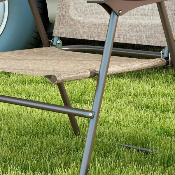 Folding garden chair seat and armrest close-up with mesh fabric, mixed brown