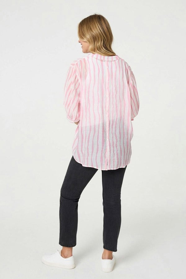 Pink | Striped Sheer 3/4 Sleeve Relaxed Shirt

