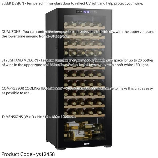 55 Bottle Dual Zone Freestanding Wine Cooler Fridge - LED Backlit BLACK & GLASS - LoopsDirect