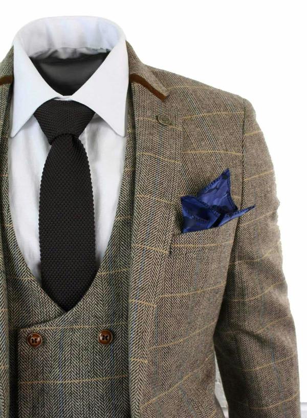 Marc Darcy Mens 3 Piece Tan Herringbone Tweed Check Suit