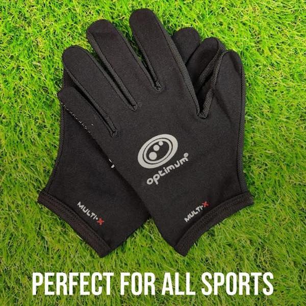 Pair of black Optimum Multi-X gloves on grass with Perfect For All Sports caption and white logo - Optimum