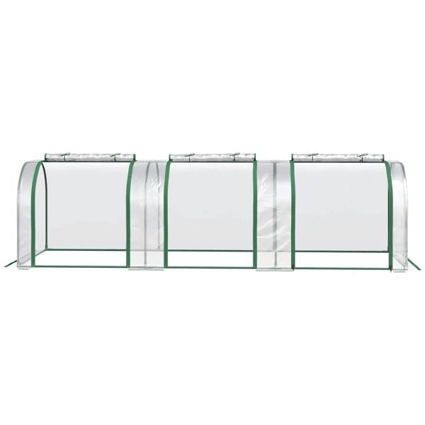 Clear PVC tunnel greenhouse with green steel frame, full-length arched sides and end bays