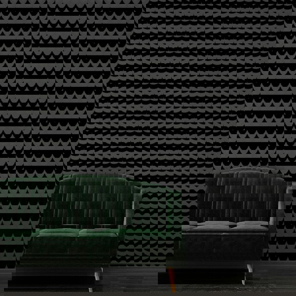 Scoop black velvet flock wallpaper with green velvet sofa