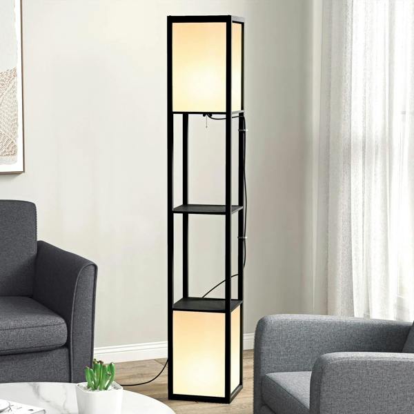 Black standing column floor lamp with two glowing square shades and two shelves