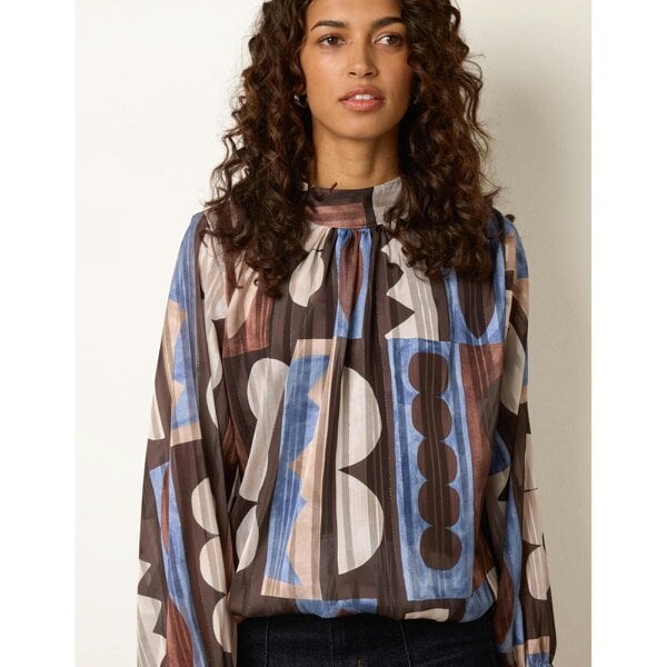 Blue Vanilla Geometric Print Scoop Neck Long Sleeve Blouse