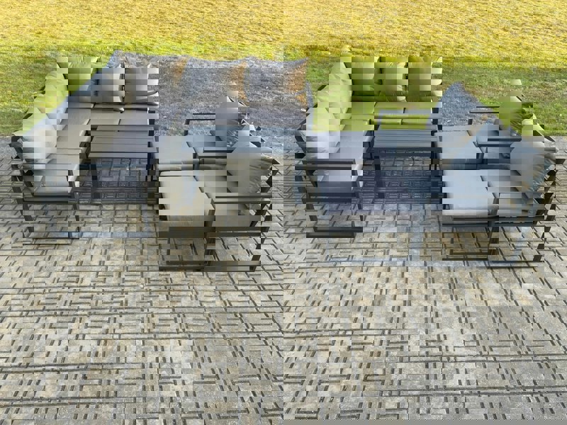 Fimous 9 Seater Aluminium Outdoor Garden Furniture Set Patio Lounge Sofa with Oblong Coffee Table 2 Big Footstools Dark Grey