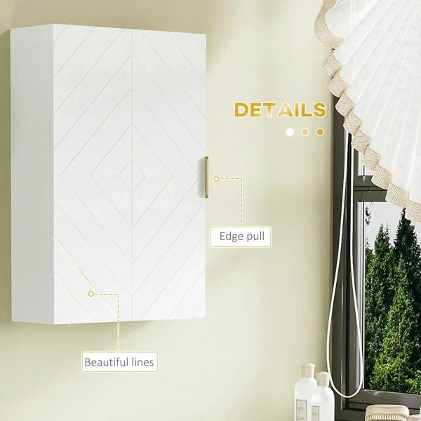 Bathroom wall cabinet door edge pull with concealed hinges; geometric panel door.