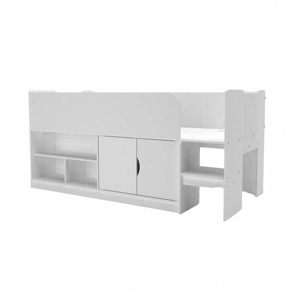 Side view of the white mid sleeper bed. It shows off the built-in 3 cube bookcase and storage cupboard.