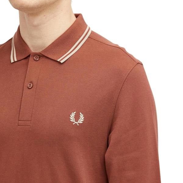 Fred Perry Black Twin Tipped Collar Whisky Brown Long Sleeve Polo Shirt XS
