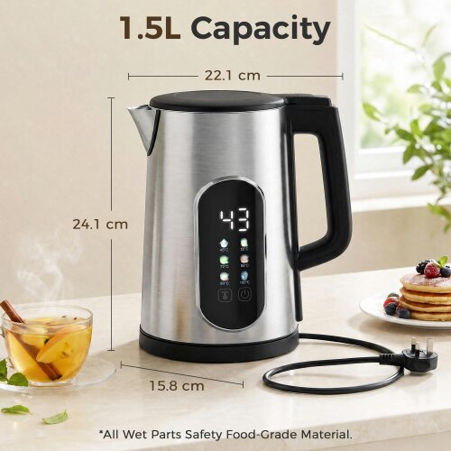 HOMCOM 3000W 1.5L Fast Boil Electric Kettle with LED Touch Control, Silver