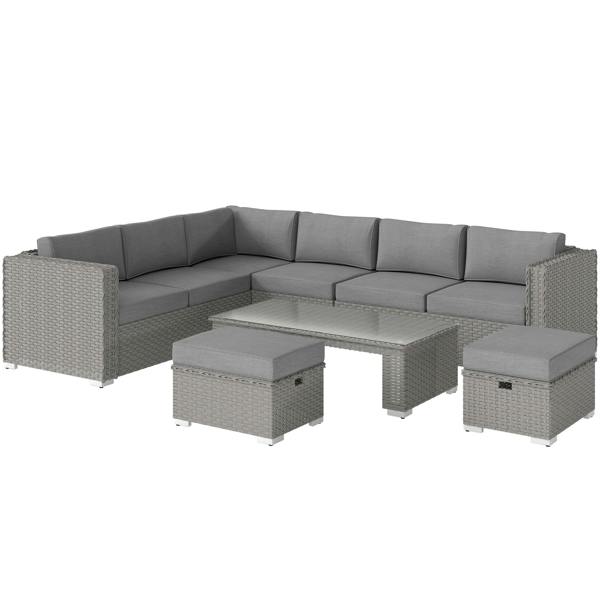 Wyld Haus Rava Faux Rattan Grey 8 Seater Corner Sofa Set With Glass Coffee Table And Footstools
