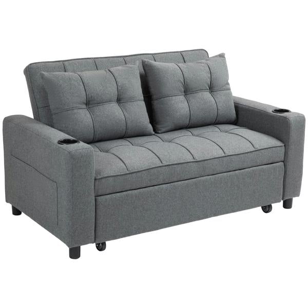 Charcoal grey two-seater pull-out sofa bed with padded armrests and tufted back cushions