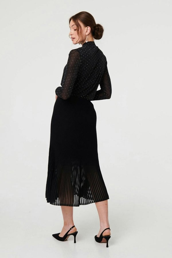 Black | Semi Sheer Pleat High Waist Midi Skirt

