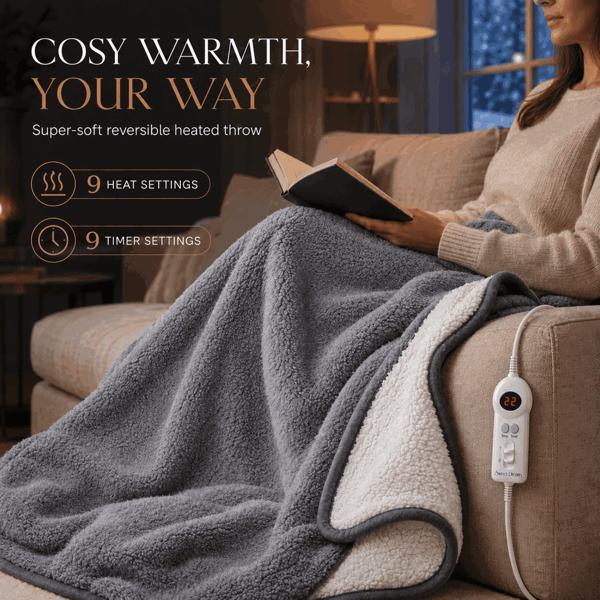 Sweet Dreams Heated Throw Electric Fleece, 9 Heat and 9 Timer Auto Shut Off - Digital Control - Machine Washable