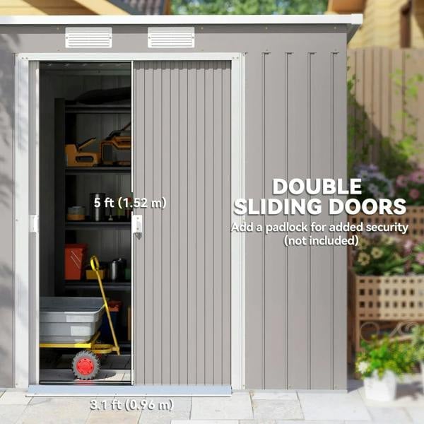Grey metal garden shed with double doors open, showing interior shelves and storage