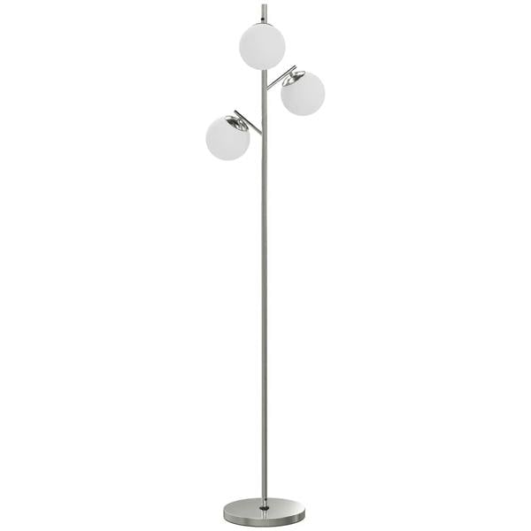 3-light globe floor lamp with three white shades and silver metal pole base