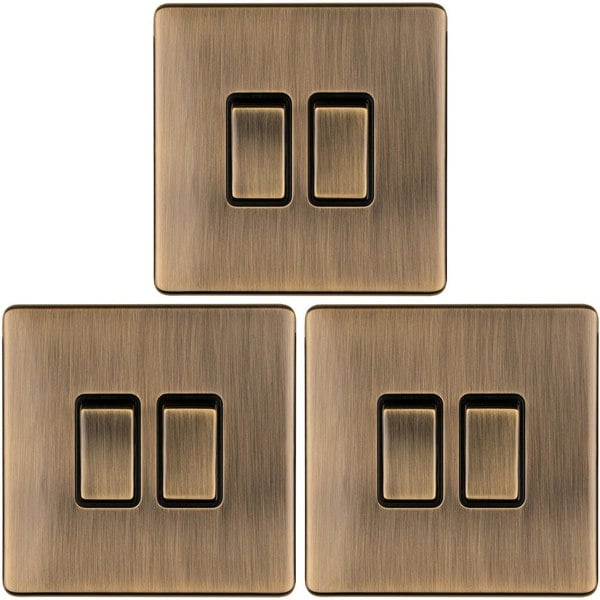 3 PACK 2 Gang Double Light Switch SCREWLESS ANTIQUE BRASS 2 Way 10A Slim Rocker 