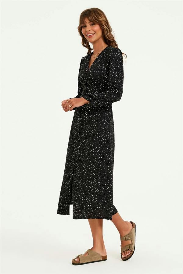 FS Collection Dot Print Long Sleeve Button Front Midi Dress In Black