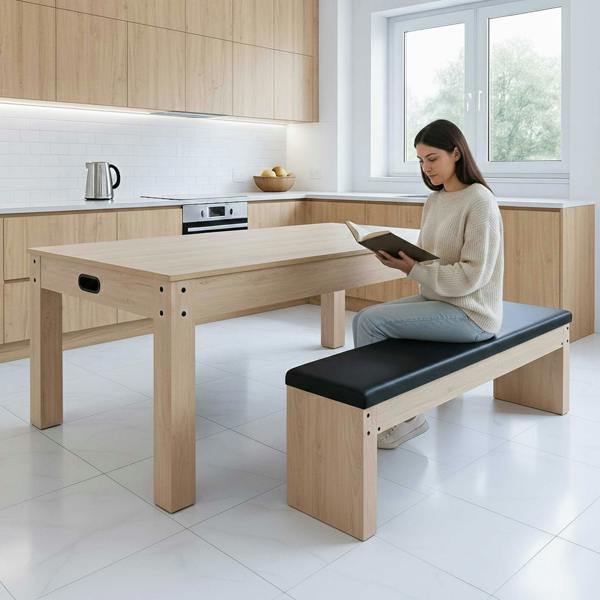 7-in-1 games table and storage bench in oak finish, featuring a sleek design, black cushioned seating, and a modern kitchen setting