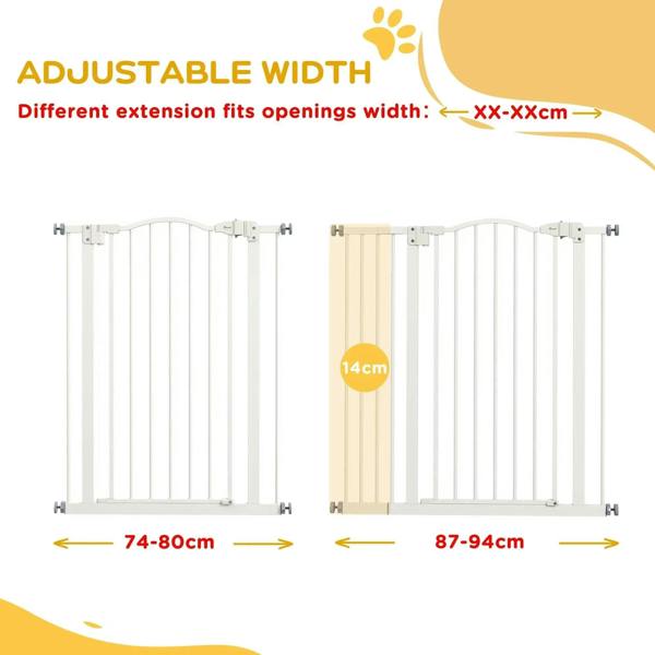 White adjustable pet safety gate with extension panels showing different opening widths