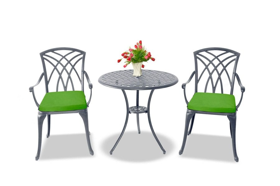 Centurion Supports OSHOWA Luxurious Garden and Patio Table and 2 Large Chairs with Armrests Cast Aluminium Bistro Set - Grey with Green Cushions