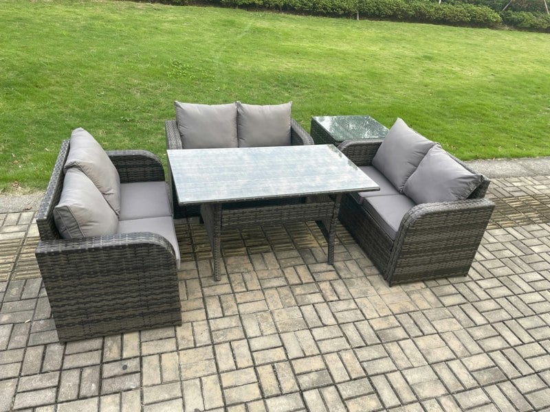 Fimous Wicker PE Rattan Sofa Outdoor Garden Furniture Set with Rectangular Dining Table Side Table Dark Grey Mixed