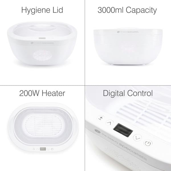 The Rio Paraffin Wax Heater in white features a hygiene lid, 3000ml capacity, 200W power, and a digital control panel for comfort and skin hydration. Multiple angles display its labeled features.