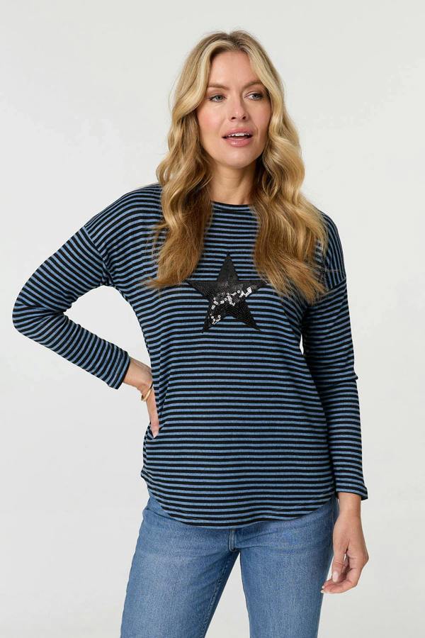 Blue | Striped Sequin Detail Long Sleeve Top
