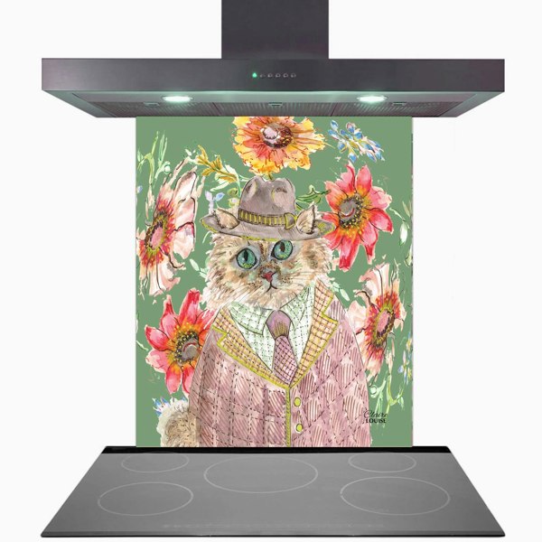 Claire Louise - Designer Cottage Floral Cat Glass Kitchen Splashback