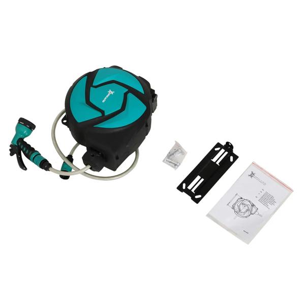 Wall-mounted hose reel kit with blue spray nozzle, brackets, and hose