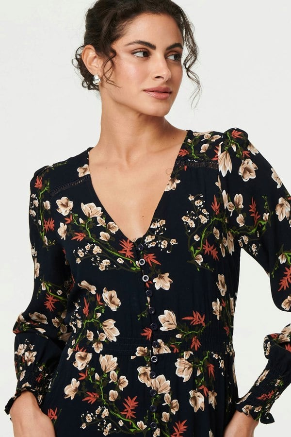 Navy | Floral Long Sleeve Lace Trim Maxi Dress