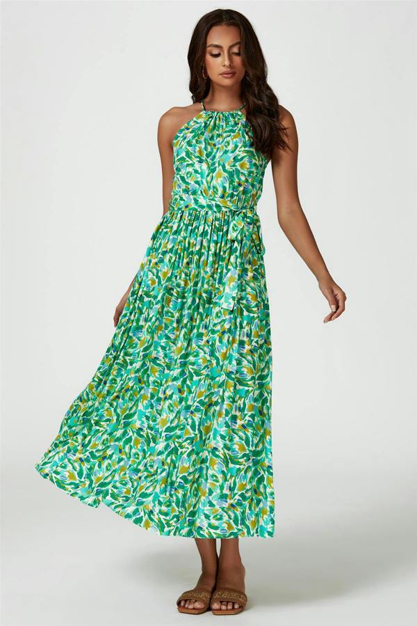 FS Collection Abstract Print Tie Halterneck Maxi Dress In Green