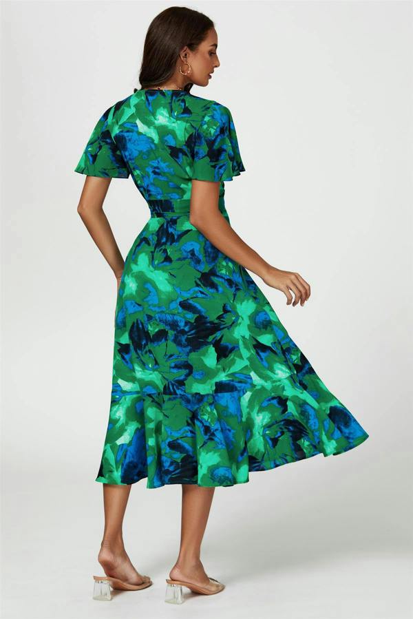 FS Collection Abstract Print Midi Wrap Dress In Green