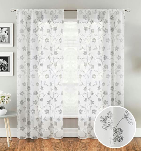 Tyrone Textiles Embroidery-Look Floral Print Voile Panel - Pair