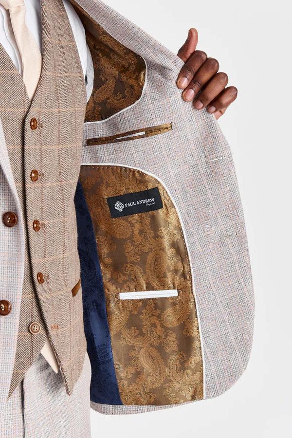 Paul Andrew Leo Beige Suit with Harris Brown Tweed Waistcoat