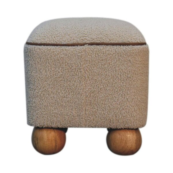 Wyld Haus Wailea Grey Boucle and Mango Wood Footstool with Ball Feet