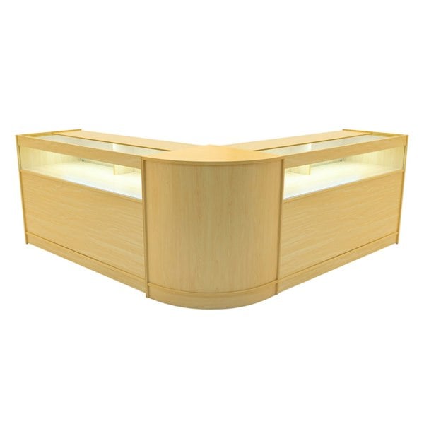 Maple Iris LED shop counter set featuring a sleek, modern design with two display sections and integrated lighting for visibility