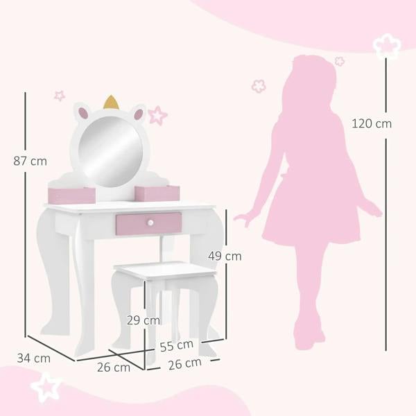 Kids unicorn dressing table and stool shown with height and size measurements.