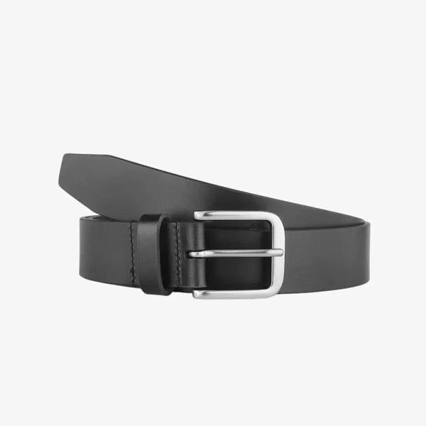 Front view of Black leather belt with a silver buckle on a white background