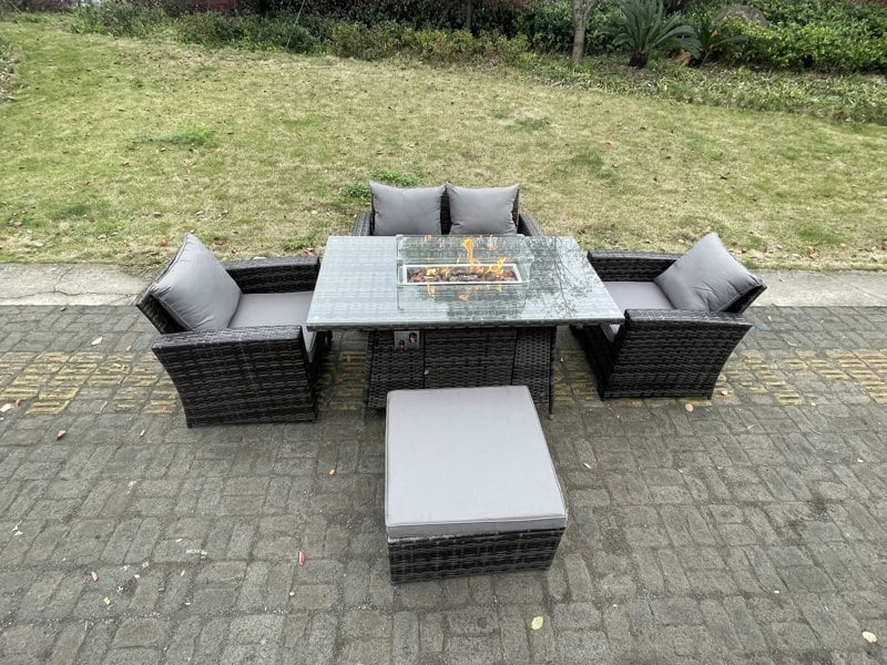 Fimous Rattan Outdoor Furniture Gas Fire Pit Rectangle Dining Table Gas Heater Chairs Two Seater Love Sofa Sets Big Footstools 5 Seater